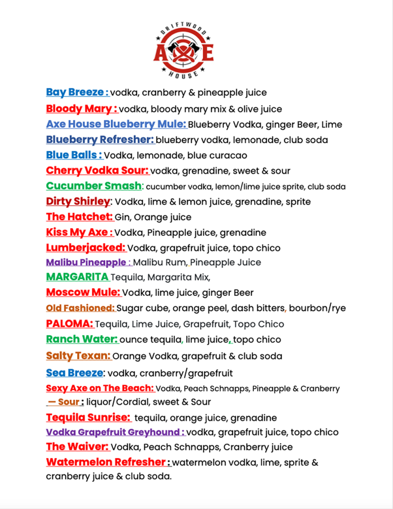 Driftwood Axe House Drink Menu